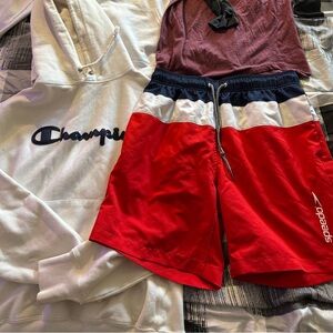 Champion Hoodie and Speedo Swim Shorts